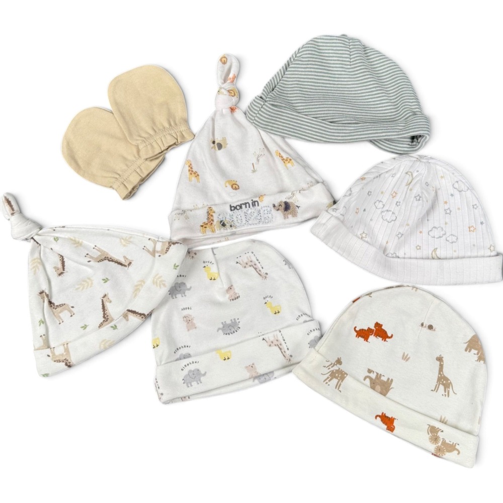 Baby Beanie Hat and Mitten Lot 7pc Safari Animals Born in 2026 Neutral Newborn